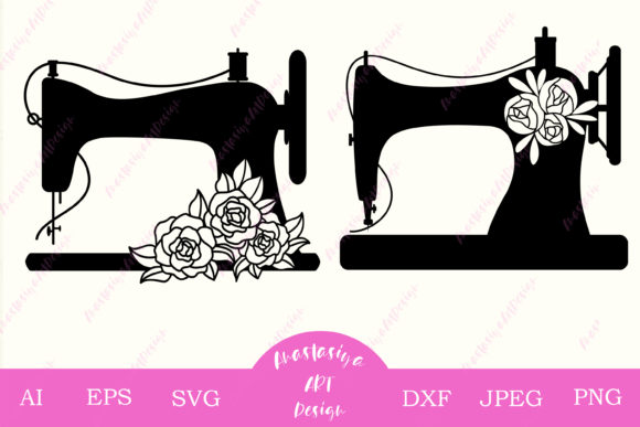 Floral Sewing Machine Silhouette Digital Design